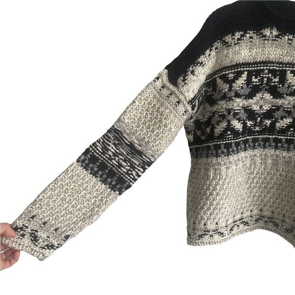 hand Knit Jacquard Link Chunky Knit Boat Neck Long Sleeve Sweater Ecru Black S - Picture 3 of 10